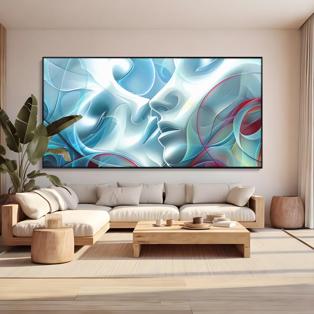 Tablou canvas cu tablou canvas cu chipuri umane contopite, in rama de aluminiu negru, pe perete intr-un living